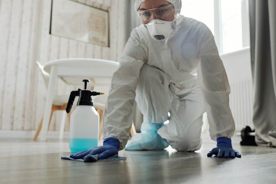 A clear plastic spray bottle filled with cleaning solution, featuring a white and red nozzle, positioned on a light grey surface against a textured light grey wall. Next to the spray bottle is a blue